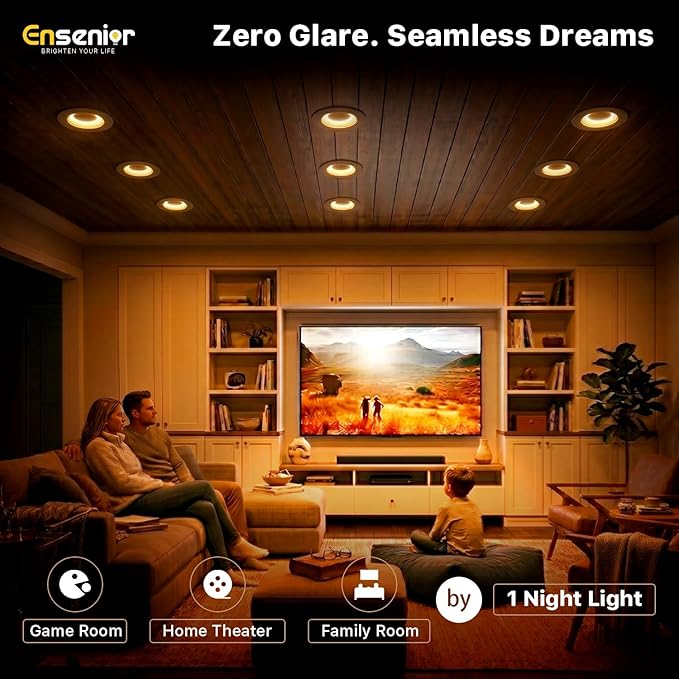 Ensenior 5/6 Inch 5CCT LED Can Lights with Night Light 6 Pack, Retrofit Led Recessed Lighting, Baffle Trim, Dimmable, 9W=110W, 1000LM
