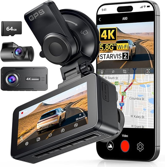 JOMISE 4K Dash Cam,5G WiFi Car Camera Built-in GPS,4K+1080P Dash Cam Front and Rear Inside,170° Wide Angle dashcam,24H Parking Mode with Loop Recording, Night Vision, 64GB Card,3-Inch Screen,Max 256GB