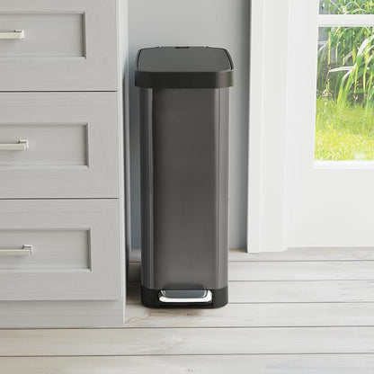Glad Stainless Steel Slim Trash Can with Clorox Odor Protection - Narrow Kitchen Garbage Bin with Soft Close Lid, Step On Foot Pedal and Waste Bag Roll Holder, Pewter, 12 Gallon/45 Liter