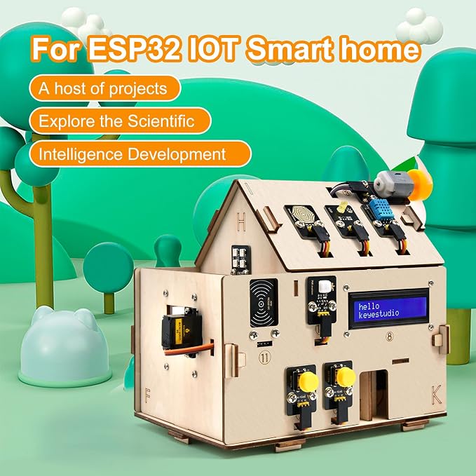 KEYESTUDIO IOT ESP32 Smart Home Starter Kit for Arduino and Python,Electronics Home Automation Coding Kit, Wooden House DIY Sensor Kit,STEM Educational Set for Adults Teens 15+