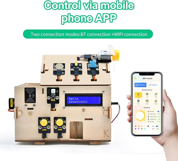 KEYESTUDIO IOT ESP32 Smart Home Starter Kit for Arduino and Python,Electronics Home Automation Coding Kit, Wooden House DIY Sensor Kit,STEM Educational Set for Adults Teens 15+