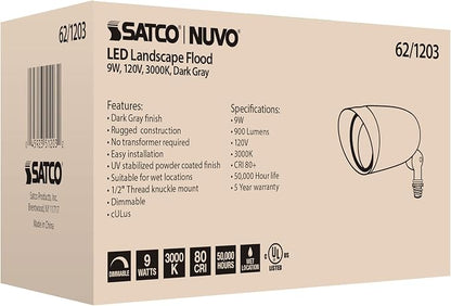 Nuvo Lighting 62/1203 LED Landscape Flood Fixture, Dark Gray, 9W, 120V, 3000 Kelvin Temp, 900 Lumens Output, 50000 Average Rated Hours, Circular LED Module Bulb, Rugged Construction 6.25 in | 900 lumens, Integrated 3000K LED, 50,000-hour life, Adjustab...