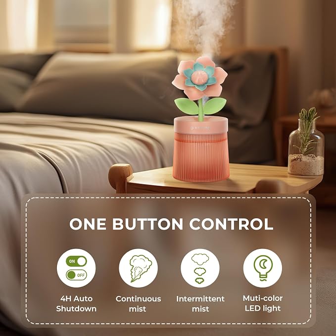 Flower Mini Humidifier, Cute Small Humidifiers, USB Portable Personal Cool Mist Desktop Humidifiers, Cooling for Home Office Car Summer Travel (260ml, Pink Gardenia)