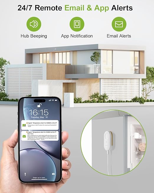 MOCREO WiFi Freezer Thermometer with Freezer Alarm, Screen Display, App Email Buzzer Alerts, Power Outage Alert, Ultra-Flat Probe, 2 Sensors, Remote Temperature Monitor for Home Kitchen Garage