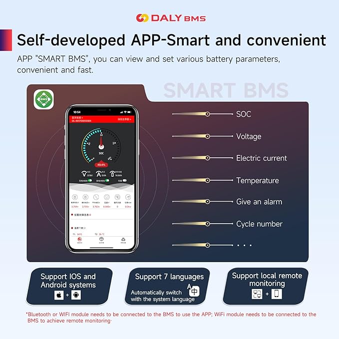 DALY Smart BMS 4S-16S 40A-500A with WiFi Module and CAN 485 Communication Protection Board for LifePO4 Lithium Battery Pack (Smart BMS 16S 48V，100A)