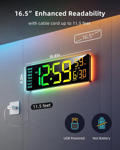EASYERA Smart Digital Wall Clock App Control, 16.5” Large RGB Clock | DIY Color, LED Display, Auto DST, Plug-In, Music Sync | Classroom Home Gym Gaming