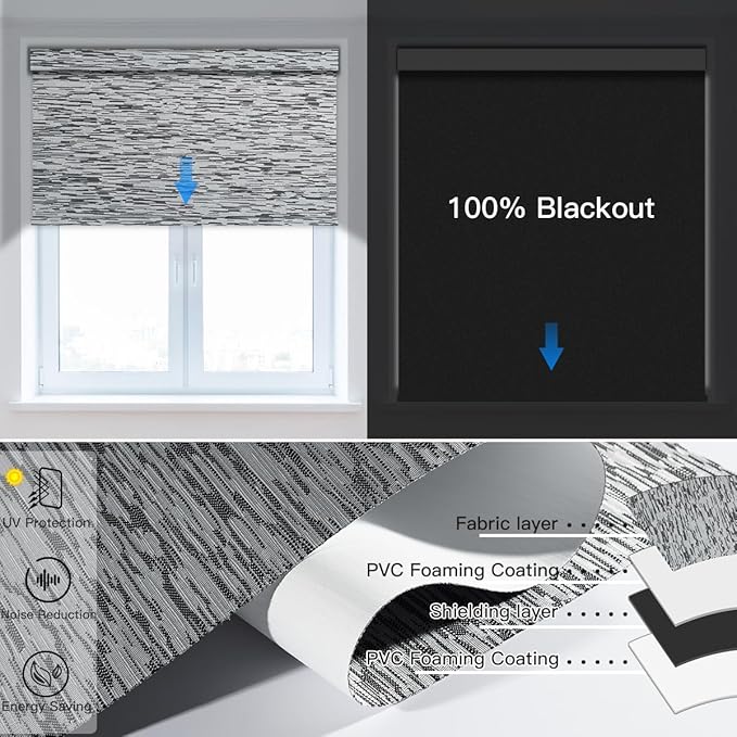 Tokblind Motorized Blackout Roller Shade Fabric Covered Valance and Bottom Rod, Remote Control Electric Window Blind Work with Alexa Google via Hub, Custom Size (Texture Black Grey - Wrapped Fabric)