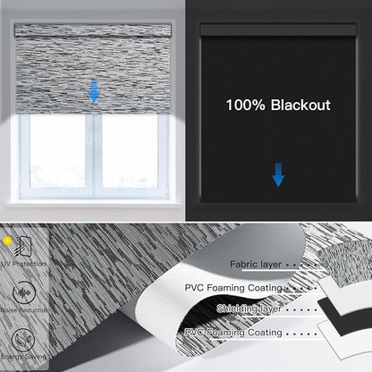 Tokblind Motorized Blackout Roller Shade Fabric Covered Valance and Bottom Rod, Remote Control Electric Window Blind Work with Alexa Google via Hub, Custom Size (Texture Black Grey - Wrapped Fabric)