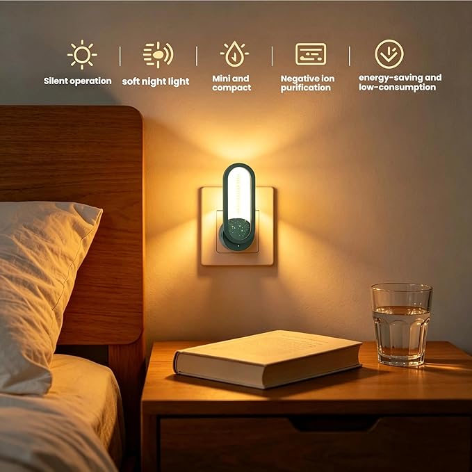 Mini Plug-in Air Purifier with Night Light, Quiet Odor Eliminator for Bathroom Pantry Pet Area, Small Space Air Cleaner (Green)