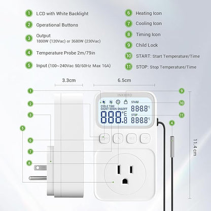 INKBIRD Plug in Thermostat 15A 1800W, Programmable Heating Cooling Digital Temperature Controller Timer for Window A/C Fan Heater Greenhouse Homebrewing Reptile