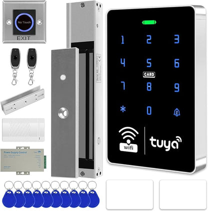 WiFi TUYA Security Access System Kit with Waterproof RFID Keypad Door Lock, App，Smart Remote Door Opener, 600-pound Electric Magnetic Lock + U, Sensor Switch, Doorbell （Frameless Glass Doors）