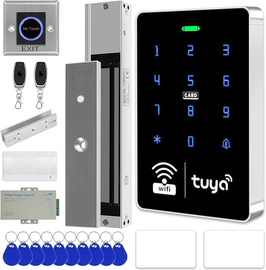 WiFi TUYA Security Access System Kit with Waterproof RFID Keypad Door Lock, App，Smart Remote Door Opener, 600-pound Electric Magnetic Lock + U, Sensor Switch, Doorbell （Frameless Glass Doors）