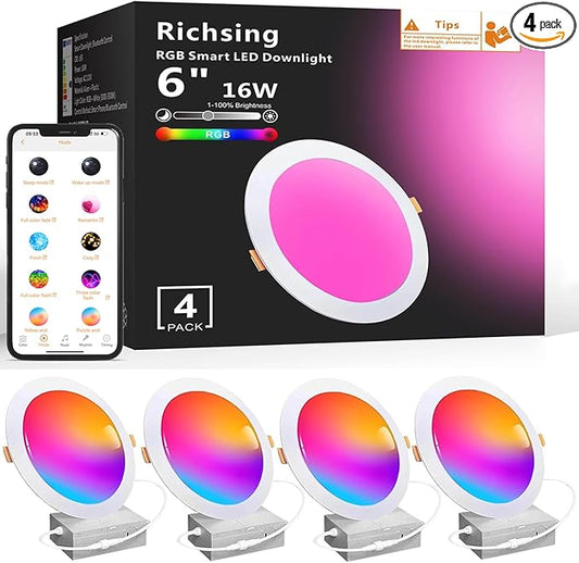 Smart Recessed Lighting 6 inch, 4Pack RGBCW Recessed Ceiling Lights with Junction Box, 16W 1350lm LED Recessed Lights 2700 to 6000K Canless LED Downlight Dimmable by Alexa and APP
