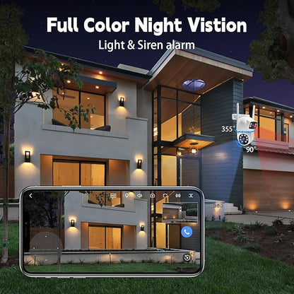 Dual-Lens Wireless Security Camera Outdoor, 2K HD 6MP View, Indoor WiFi Connection, Smart Night Vision, Ai Motion Detection and Tracking, Light and Siren Alarm, 64G SD Card (Included)