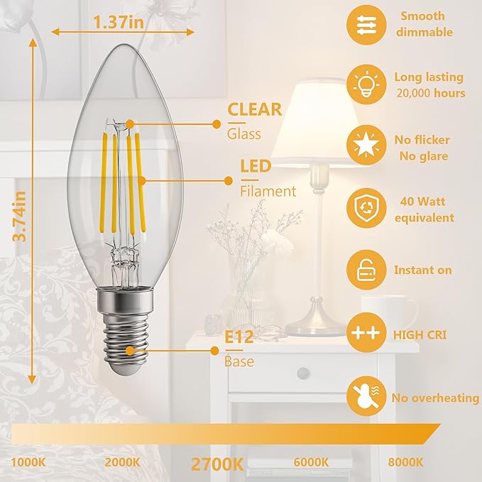 4w Led Light Bulbs,Equivalent to 40w in Terms of Energy Saving Effect,2700K,C35,E12 Warm Lights Bulb,Edison Retro Design,CRI85+,Chandelier Dimmable Light Bulbs 6 Pack