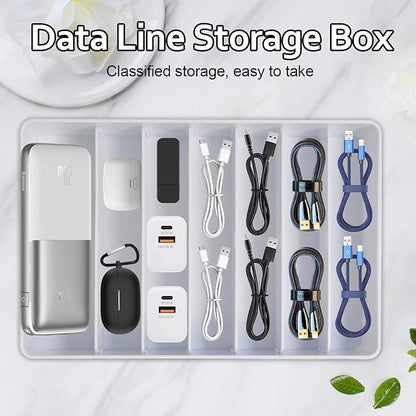 Cable Organizer Storage Box with 7 Wire Ties,Power Cord Organizer with 7 Compartments for Office,Home,Desk Accessories Storage Stationery Supplies (Large Size)