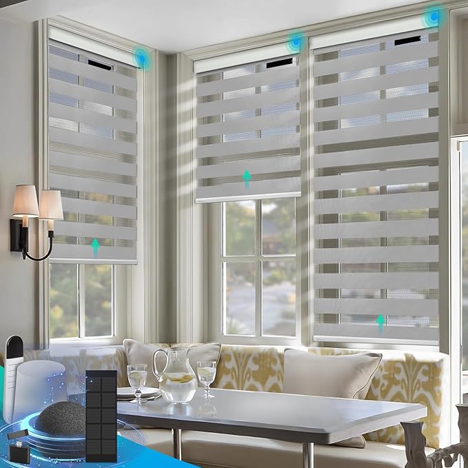 DENFOON Motorized Zebra Blinds, Solar Powered Dual Layer Automatic Shades with Remote Control, Rechargeable Smart Blinds Horizontal Wireless Electric Shades for Windows. Gray， 48 x 72