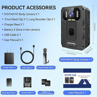 4K Body Camera, 64GB Body Cam with Two 2350mAh Batteries Work 13-15H, H.265 Video Code, Body Camera with Audio and Video Recording for Police Hiking Security Patrol