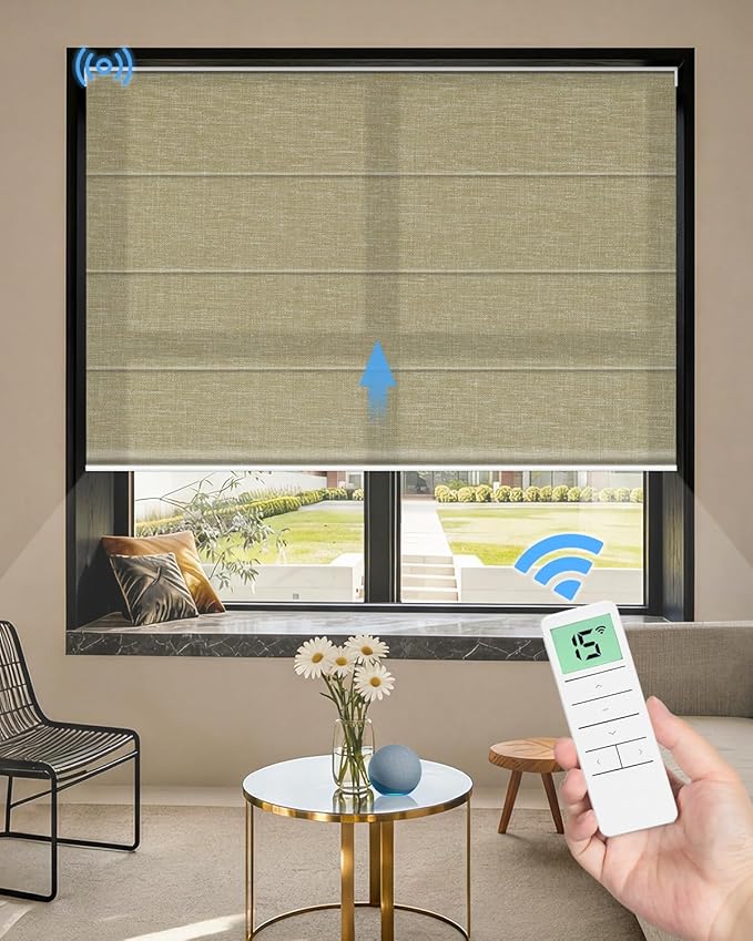 Motorized Roman Shades for Windows, Custom Light Filtering Roman Blinds with Remote, Smart Privacy Window Shades for Living Room Kitchen Office, Alexa & Google Home Compatible, App Control via RF Hub