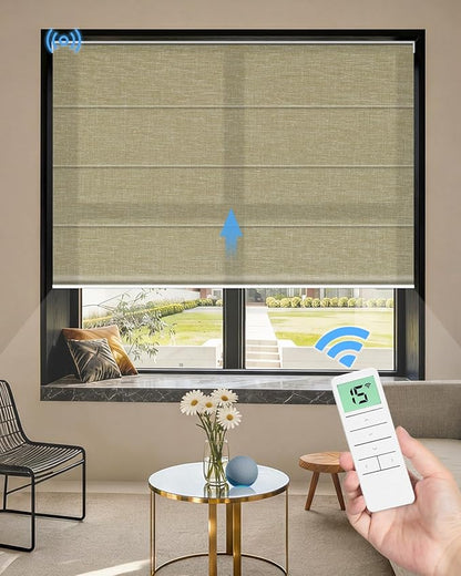 Motorized Roman Shades for Windows, Custom Light Filtering Roman Blinds with Remote, Smart Privacy Window Shades for Living Room Kitchen Office, Alexa & Google Home Compatible, App Control via RF Hub