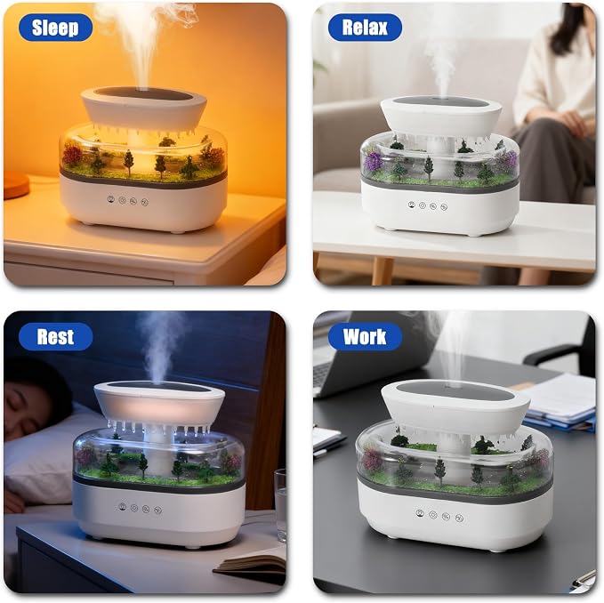 Rain Cloud Humidifier Diffuser with Natural Rain Sounds Ocean Waves Crackling Fire 7 Color Night Light 250mL Large Tank Quiet Operation 4-8 Hour Timer Auto Shut Off for Bedroom Sleep Office Relaxation