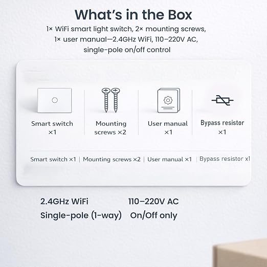 Smart Switch Neutral Wire Optional,APP Control,White 1 Button | 4.65 X 2.83 X 1.34 Inches,Only 2.4GHz Wi-Fi,Voice Control,Work with Tuya/Smart Life/Alexa,Tempered Glass Panel