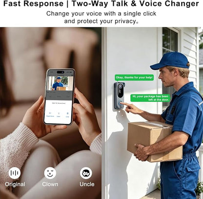 Doorbell Camera Wireless No subscription Required, 2K HD Battery Powered Smart Video door bell Camera with Chime, Wide Angle, Motion Alerts&Two‑Way Talk, Night Vision, Works with Alexa ,2.4G WIFI Only