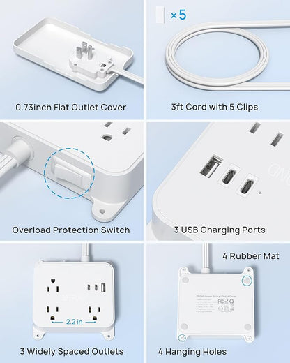 TROND Flat Power Strip with Outlet Concealer, 3 FT Short Extension Cord | 3 Widely Spaced AC Outlets, 3 USB Charger(2 USB C Ports), Wall Mount Outlet Cover for Nightstand Couches Home Essentials