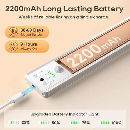 14.7 Inch Under Cabinet Lighting, 6 Color Temps Motion Sensor Light Indoor, LED Power Display Rechargeable Battery Operated Closet Light with Remote, Dimmable Under Counter Lights for Kitchen-2 Pack