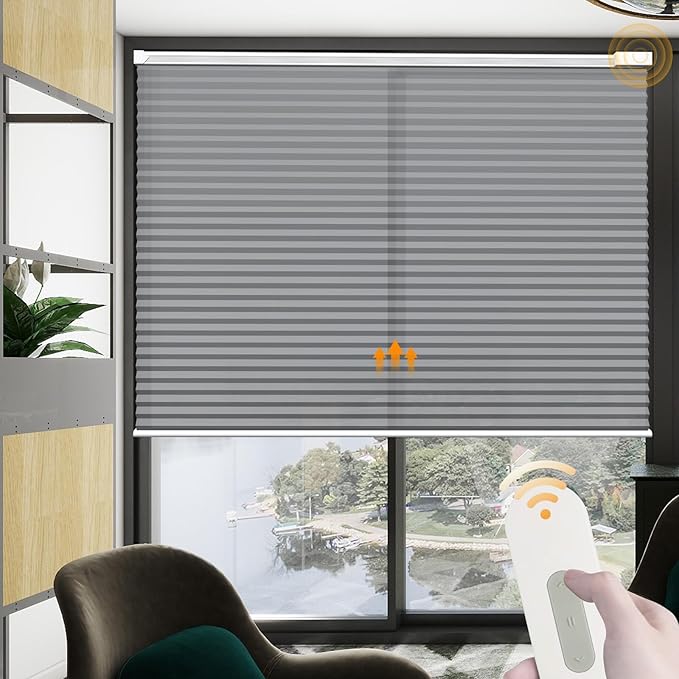 Motorized Cellular Shades Cordless Light Filtering Rechargeable Window Curtains with Remote for Privacy Protection Smart Home Electric Automatic Honeycomb Blinds for Windows, 46" x 48", Grey