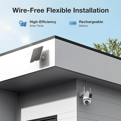 TKENPRO Dual Lens Solar Security Cameras Wireless Outdoor, 2K Full HD Video, 360° View Pan/Tilt Home Security Camera with Color Night Vision, Easy to Install, PIR Alarm, 2.4GHz WiFi