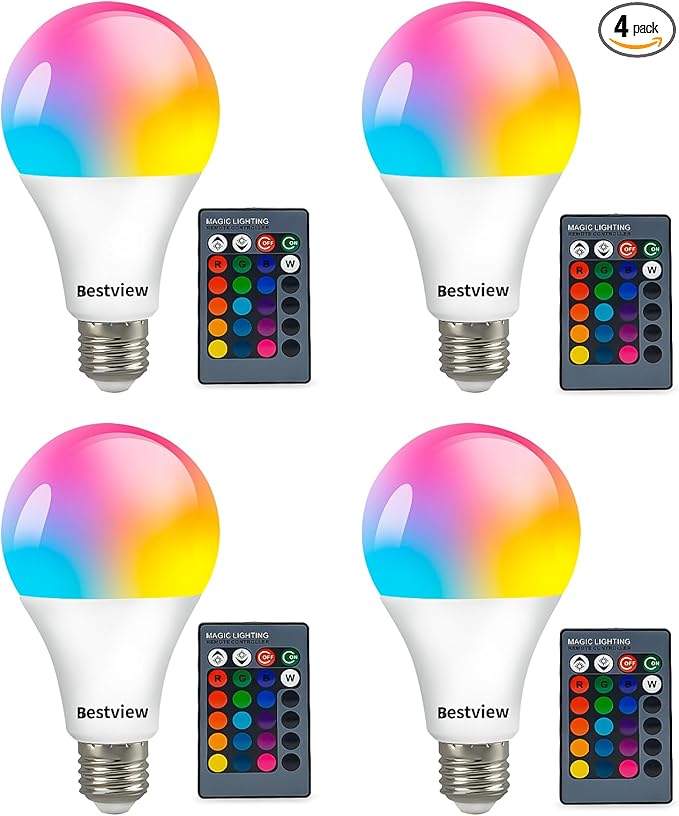 Bestview RGB LED Light Bulb, Color Changing Light Bulbs with Remote Control, RGBW Warm White 5W E27 Screw Base,Mood Flood E26 Light Bulb-16 Color Choices for Home Party Bedroom Outdoor (4 Pack)