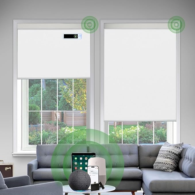 Motorized Blinds with Remote, Blackout Cooling Automatic Shades with Solar Panel Cordless Smart Blinds for Windows, Custom Electric Blinds Horizontal Roller Shades,White,45" W X 72" H