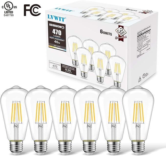 LVWIT Vintage LED Light Bulb, Dimmable 5W (40W Equivalent), ST21 Edison Style LED Filament Bulbs, 470 Lumens 2700K Warm White, E26 Medium Screw Base, 6 Pack
