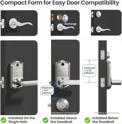 Veise VE019 Fingerprint Smart Lever Lock, App Control, Keyless Entry Door Lock with Handle, Touchscreen Keypad Knob for Front Door and Bedroom, Remote Access Sharing, IP55 Waterproof, Satin Nickel