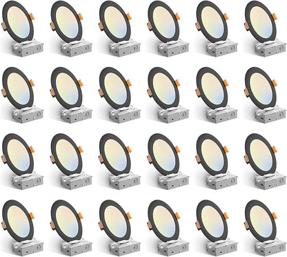 Amico 24 Pack 6 Inch Black 5CCT Ultra-Thin LED Recessed Ceiling Light with J-Box, 2700K/3000K/3500K/4000K/5000K Selectable, 12W Eqv 110W, Dimmable Canless Downlight, 1050LM High Brightness, ETL, FCC
