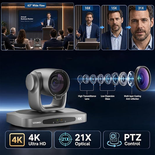 4K NDI PTZ Camer 20X Optical Zoom AI Tracking Camera with HDMI/USB/LAN/PoE Conference Room Camera for Live Streaming, Video Conference, Church Services