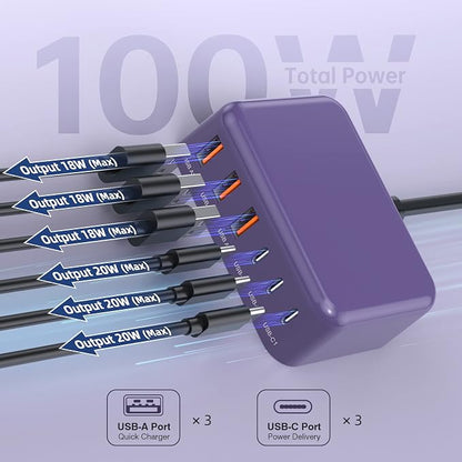 100W 6 in 1 USB Charger, 50% Smaller Charging Station for Multiple Devices | Fast Charging Blocks with Type C Port, USB Charging Hub Organizer Multiport Power Strip for iPhone,Samsung,Ipad,Kindle,Travel