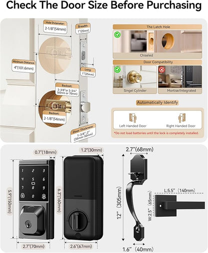 Smart Door Lock with Handle Set, Keyless Entry Door Lock for Front Door, Fingerprint, APP Control, Touchscreen Keypad Deadbolt, Temporary Passcode, Auto Lock, IP54 Waterproof, Easy Install