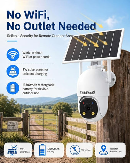 JideTech 24/7 Recording 4G LTE Cellular Security Outdoor Camera, No WiFi Always-On Video AOV PTZ Camera, 8W Solar Panel & 13500mAh Battery, Auto Tracking, Color Night Vision, Built in SIM Card