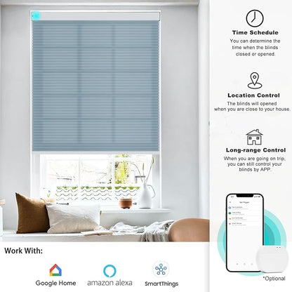 Changshade Smart Blinds Cellular Shades for Windows Doors Motorized with Remote Control, Custom Size Automatic Honeycomb Blind Electric Power Compatible with Alexa, Google Home, Light Filtering, Blue