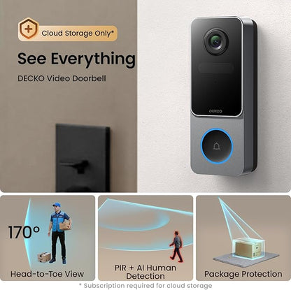 DEKCO Wireless Video Doorbell Camera, 2K Head-to-Toe View (9:16), 170° Wide Angle, Battery Powered Home Security, PIR Motion & AI Human/Package Detection, Voice Changer, Cloud Storage Edition