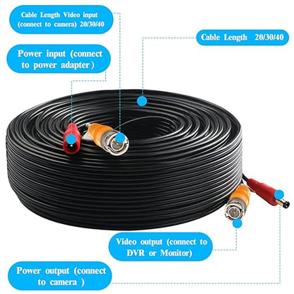 OOSSXX 65 Feet 2-in 1 Video Power Cable BNC Extension Wired All-in-One Cables for HD-Analogo Security Cameras DVR