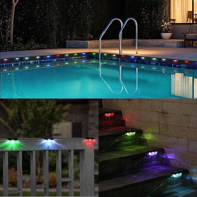Herzila 12 Pack Solar Deck Lights, RGB Color Changing Christmas Solar Fence Lights, Waterproof Step Lights for Outside, Step, Fence, Deck, Stair, Pool and Yard