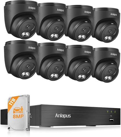 Anlapus 4K Home Security Camera System Outdoor Indoor, H.265+ 8CH CCTV DVR with AI Human Vehicle Detection, 8 x Wired Surveillance Dome Camera, 80ft Night Vision, Audio Recording, Remote Access