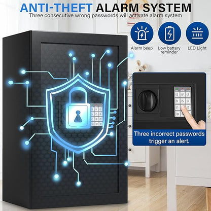 27.56 Inches Tall Safe Box, Home Safe with Fireproof Waterproof Bag, Anti-Theft Digital Security Lock Box with Smart Alert System, Removable Shelf, Mute Function, Document Safes for Jewelry