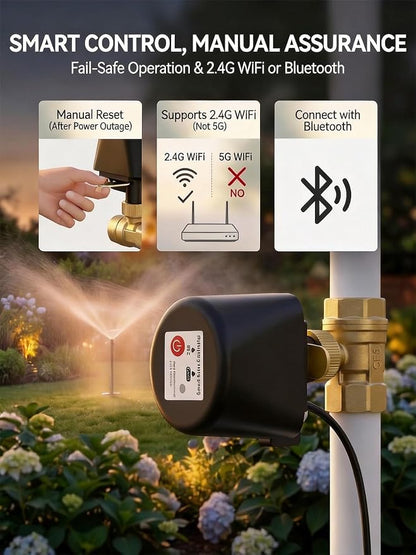 Smart Wifi Water Valve, Motorized Ball Valve, App Comtrol, Brass | Programmable Timer Switch, Manual Open/Close, Tuya App Alert, Multi-user, Alexa/Google Home Compatible, 3/4" NPT Threaded