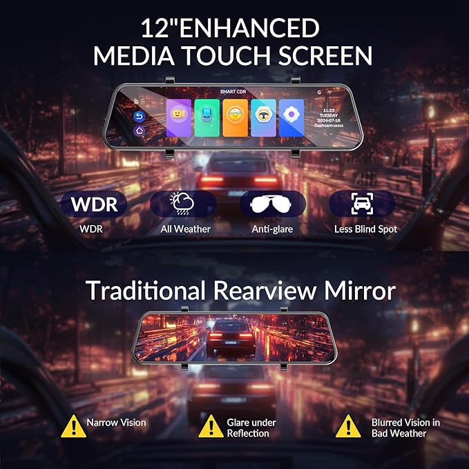 Aprilboy 4K + 2.5K Mirror Dash Cam, 12'' Rearview Mirror Camera for Cars with with IMX415 Sensor, WiFi, Night Vision, Reverse Assist, Parking Monitoring