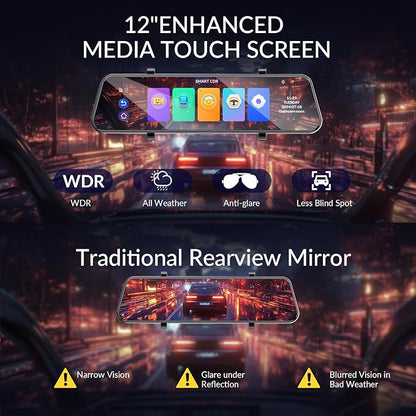 Aprilboy 4K + 2.5K Mirror Dash Cam, 12'' Rearview Mirror Camera for Cars with with IMX415 Sensor, WiFi, Night Vision, Reverse Assist, Parking Monitoring