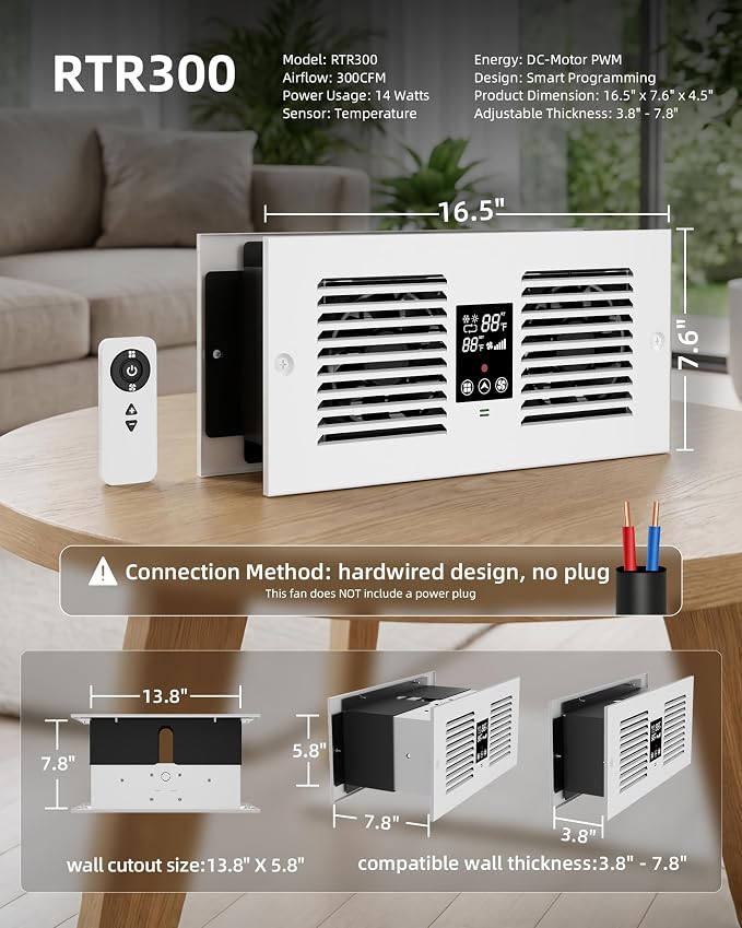 Hardwired Room to Room Fan, 300 CFM Through Wall Fan with Remote | No Plug, Cool Air Transfer, Thermostat 35F-99F, 5 Speeds, Fits 3.8-7.4 in Walls, Bedroom, Kitchen, Laundry